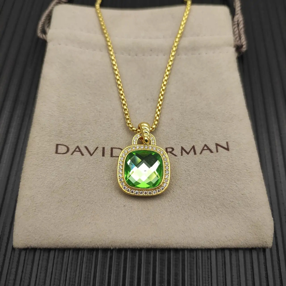 David Yurman Gold and Green Diamond Center Stone Square Diamond Necklace